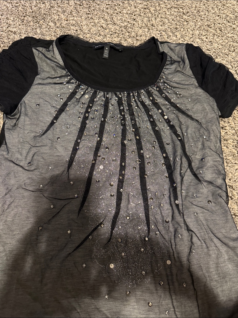 White House Black Market Black and Gray Short-Sleeve Embellished Tee